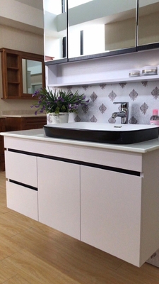 Custom Made White Bathroom Vanity Cabinets / Units Single Basin Wall Mounted